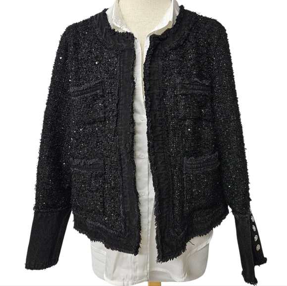 Nanette Lapore Cotton Tweed Jacket With Open Front In Black & Silver Sequins NWT - Picture 4 of 14